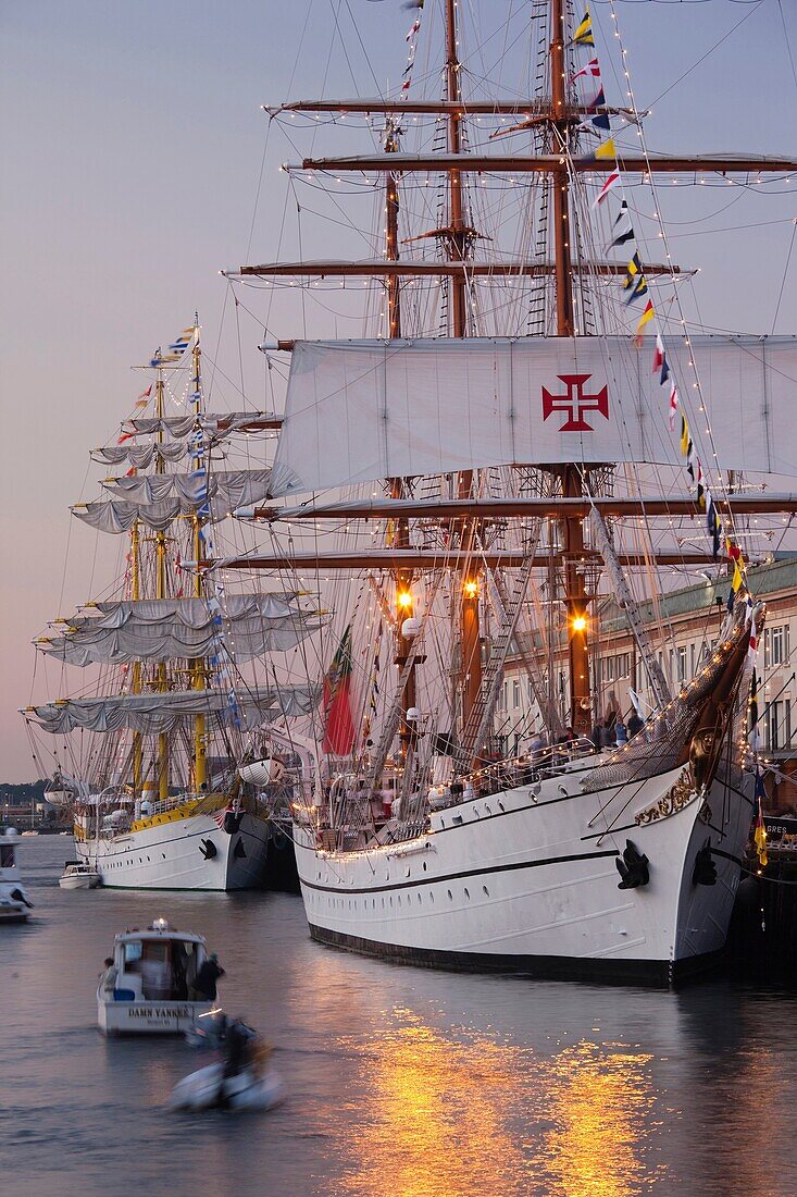 USA,Massachusetts, Boston, Sail Boston Tall Ships Festival, Romanian ship Mircea and Portuguese tall ship Sagres II, dusk