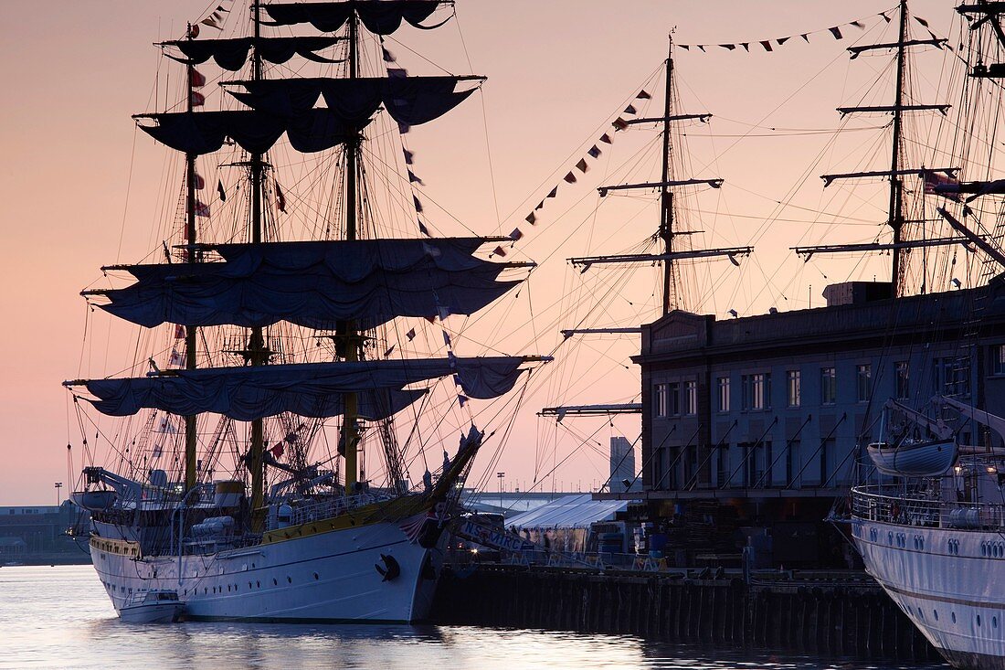 USA,Massachusetts, Boston, Sail Boston Tall Ships Festival, Romanian tall ship Mircea, dawn