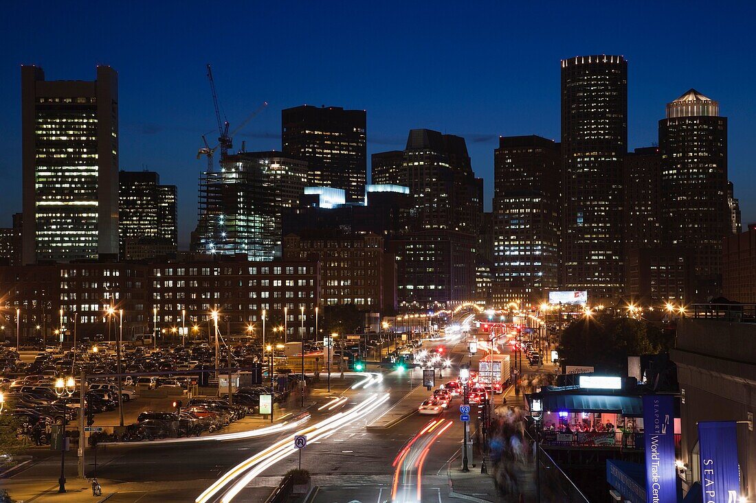 USA,Massachusetts, Boston, Financial District from Seaport Boulevard, evening