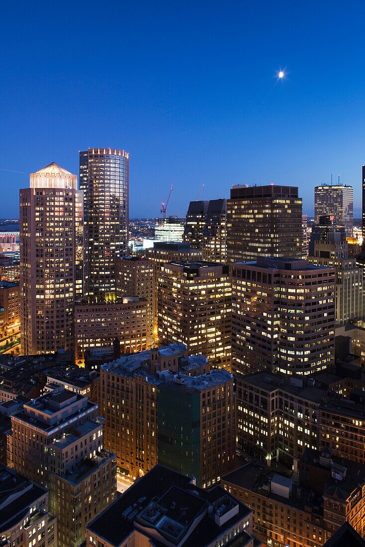 USA, Massachusetts, Boston, Financial District, high angle view from Marriott Customs House Tower Hotel, evening