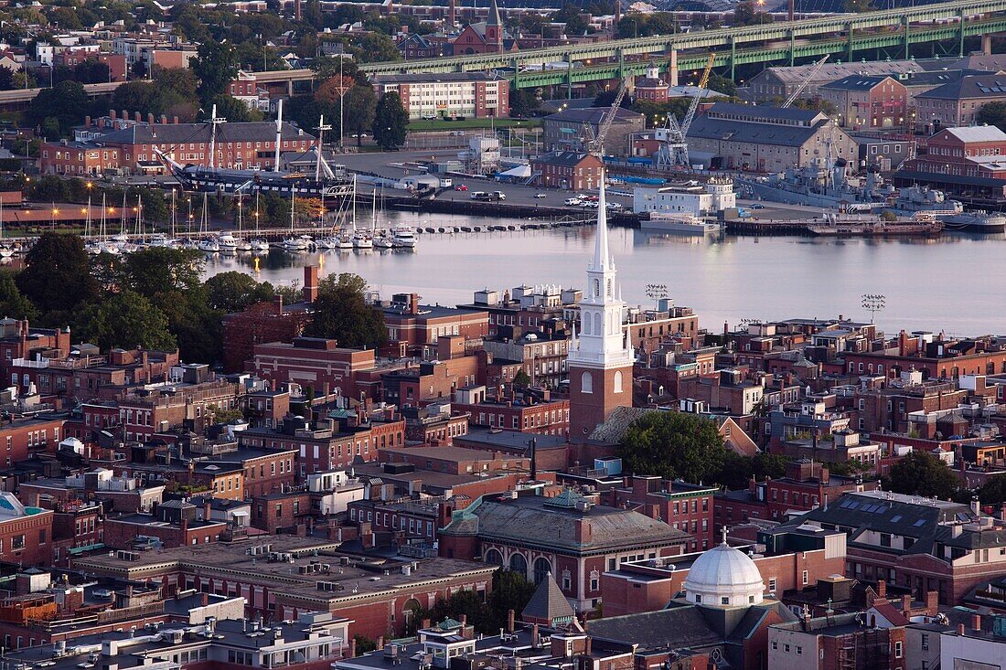 USA, Massachusetts, Boston, North End and Old North Church, high angle view, dawn