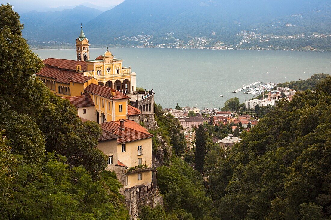 Switzerland, Ticino, Lake Maggiore, Locarno, Madonna del Sasso church, dusk