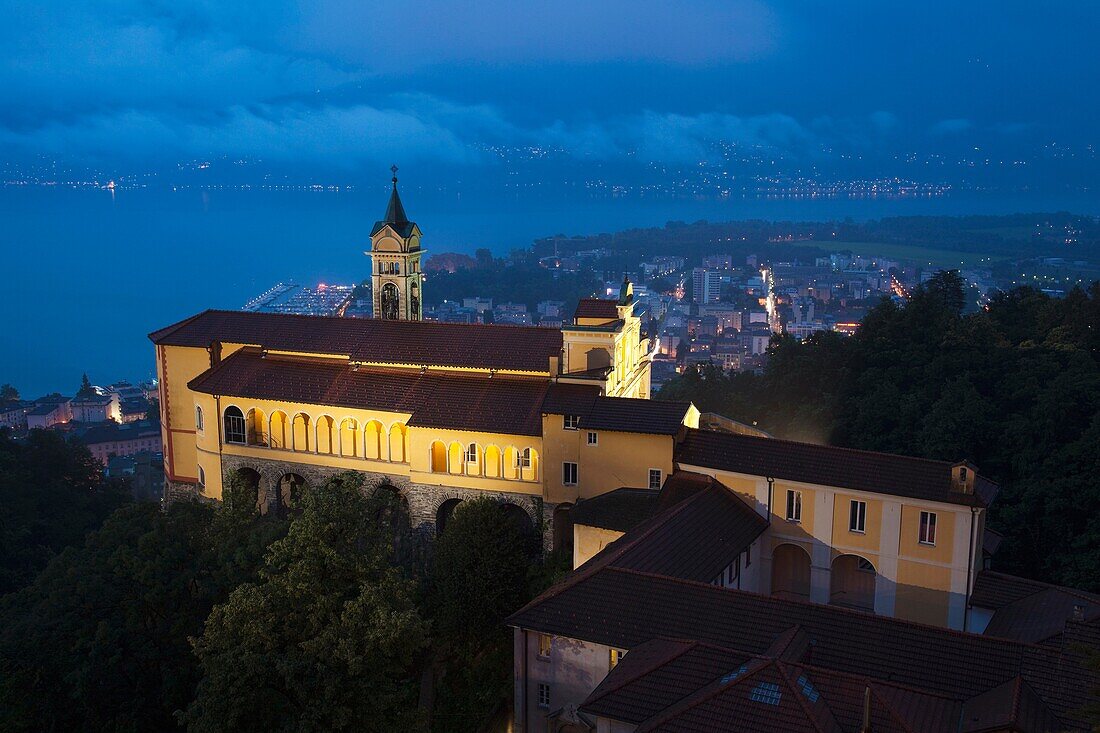 Switzerland, Ticino, Lake Maggiore, Locarno, Madonna del Sasso church, evening