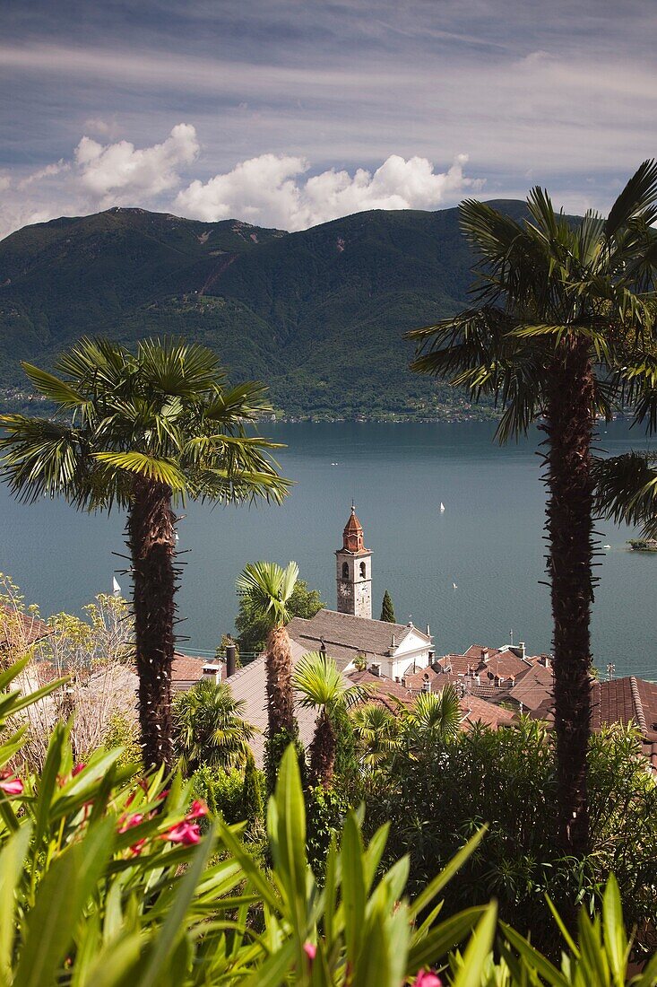 Switzerland, Ticino, Lake Maggiore, Ronco, high angle view of town church and lake