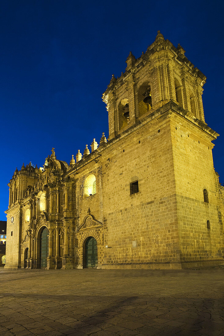 Cathedral in Plaza de Armas at night, Cusco, Peru