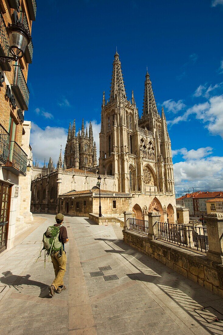 Pilgrim in front cathedral  Burgos  Castilla y Leon  Spain  Peregrino frente a la catedral  Burgos  Castilla y Leon  Spain