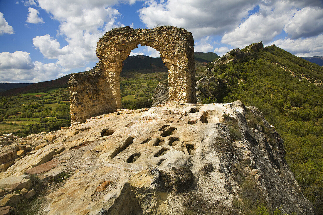 Castro Aren: necropolis dating before the 11th century and ruins of castle, Aren. Pyrenees Mountains, Ribagorza, Huesca province, Aragon, Spain