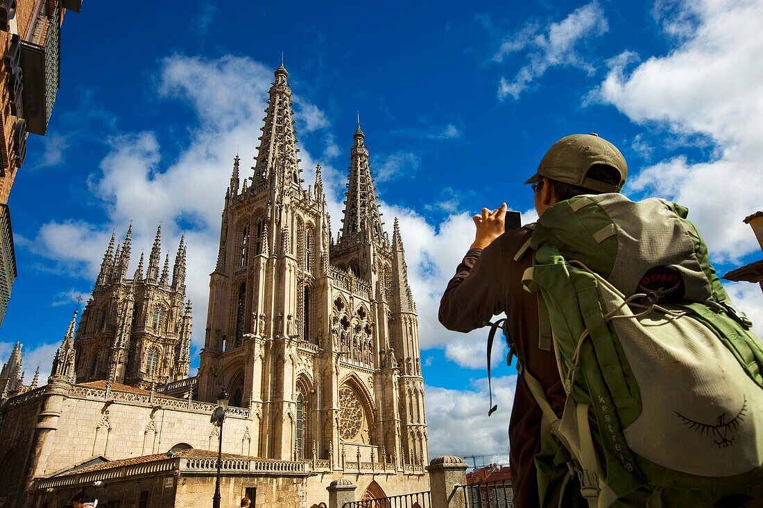 Pilgrim in front cathedral  Burgos  Castilla y Leon  Spain  Peregrino frente a la catedral  Burgos  Castilla y Leon  Spain