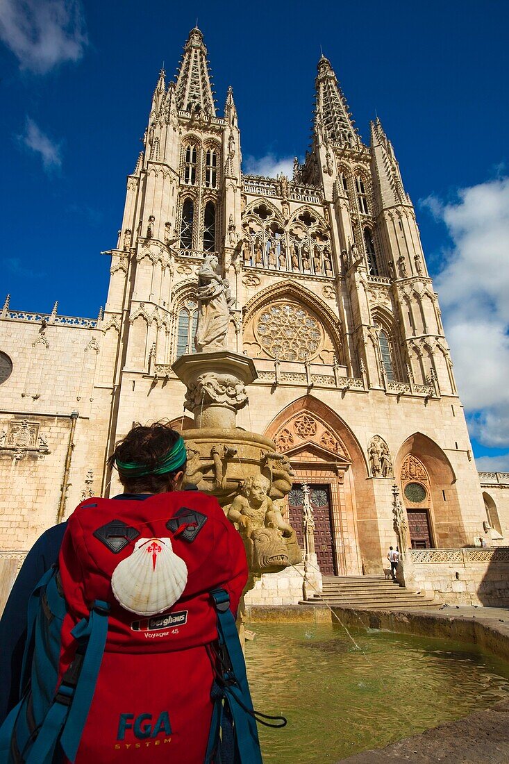 Pilgrim in front cathedral  Burgos  Castilla y Leon  Spain  Peregrino frente a la catedral  Burgos  Castilla y Leon  Spain