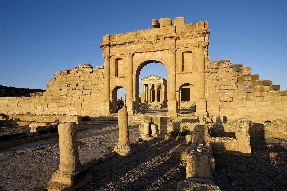 Gate of Antoninus main entrance to the Forum and Temple of Jupiter, Roman ruins of Sbeitla  Sufetula), Tunisia  December 2008)