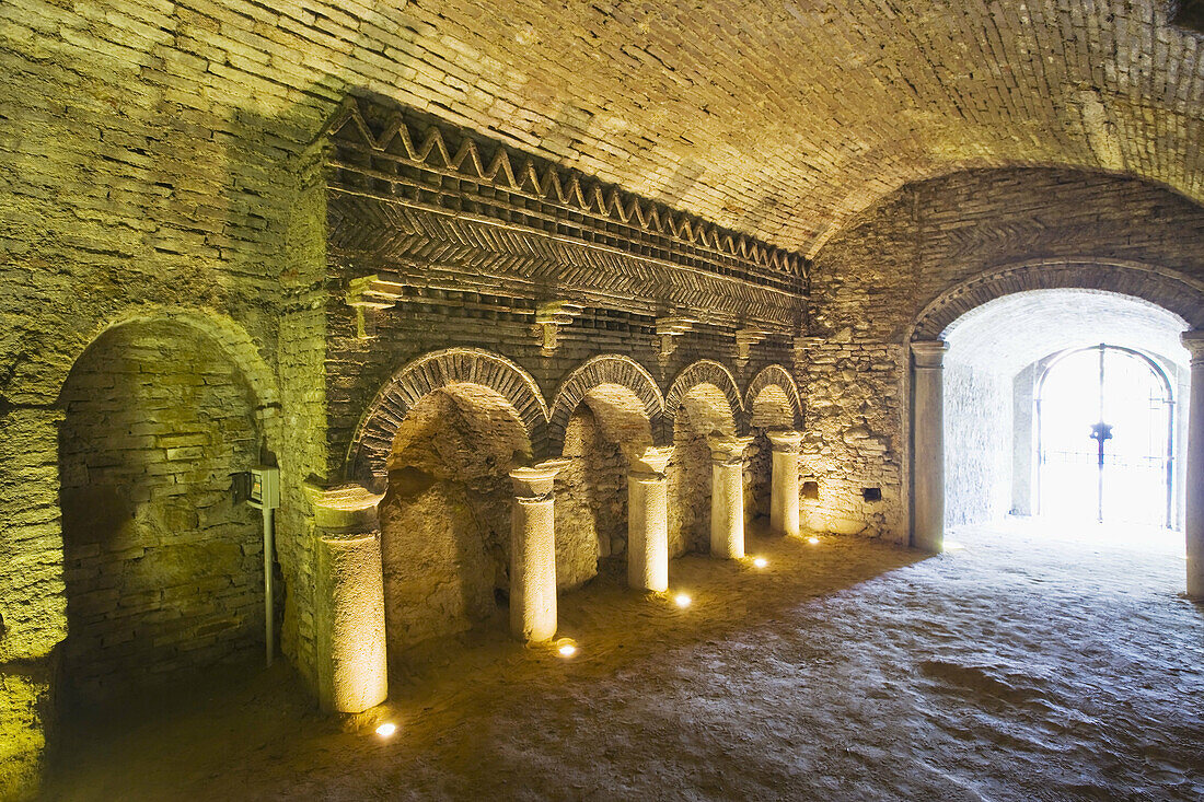 Sandstone cave under the village with the reconstruction of an ancient cloister, Santarcangelo di Romagna. Emilia-Romagna, Italy