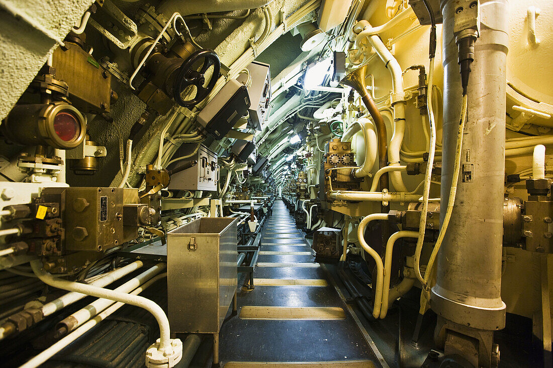 Interior of the Redoutable  first SNLE submarine of the French Navy, now a museum and the largest submarine in the world open to the public) in the Cite de la Mer  ´City of the Sea´) maritime museum, Cherbourg. Manche, Basse-Normandie, France