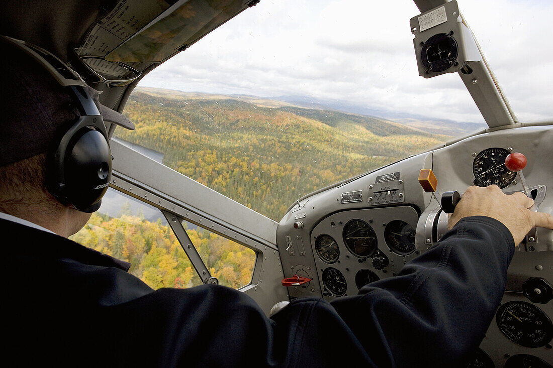 Cap au Leste in fall, flying in seaplane towards Quebec, Canada
