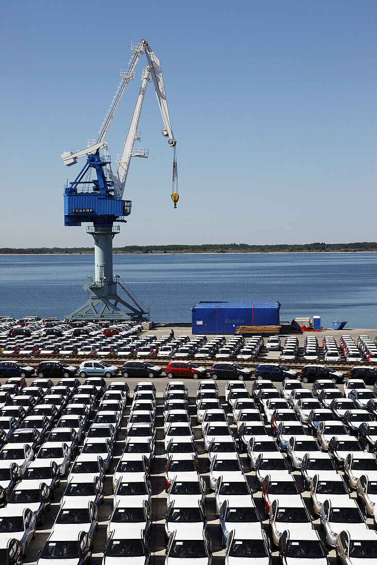 looking down close up on dockside storage of imported new cars awaiting distribution at the port of Paldiski, Tallinn, Estonia.