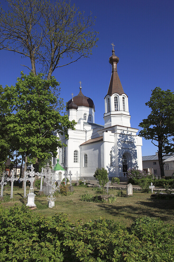 russian-orthodox church and cemetery in the village of Vasknarva, Northern Estonia, boarder to Russia, Baltic State.