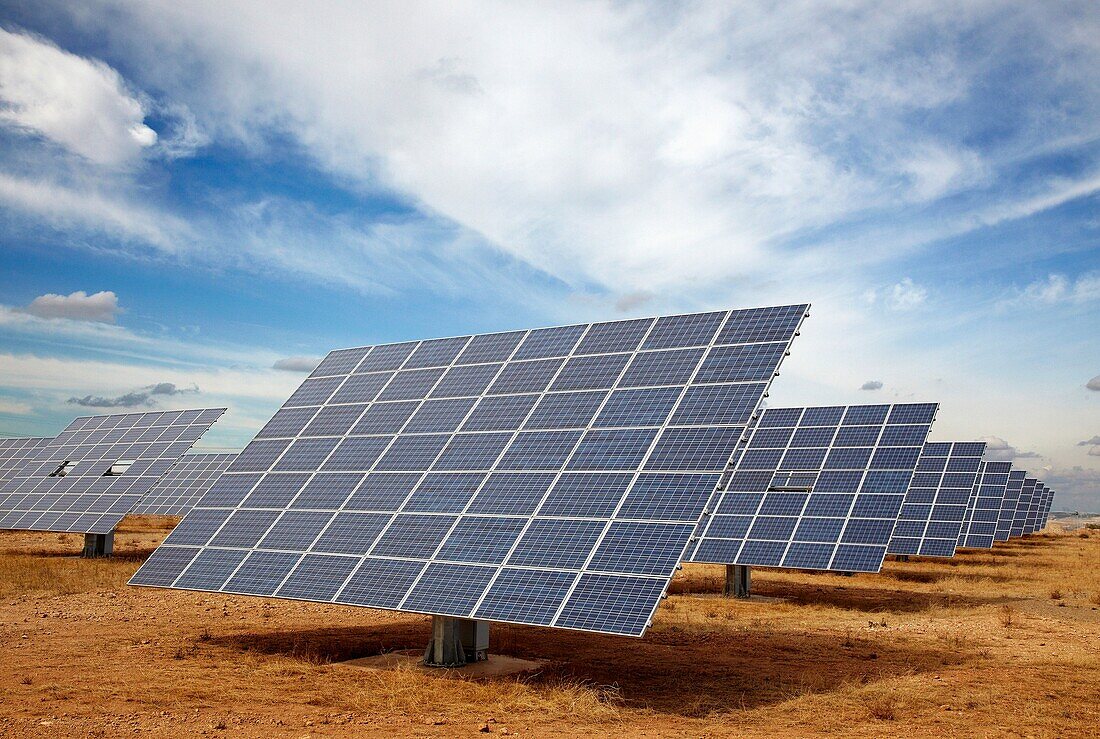 Solar panels, photovoltaics, solar power plant, Tudela, Navarre, Spain