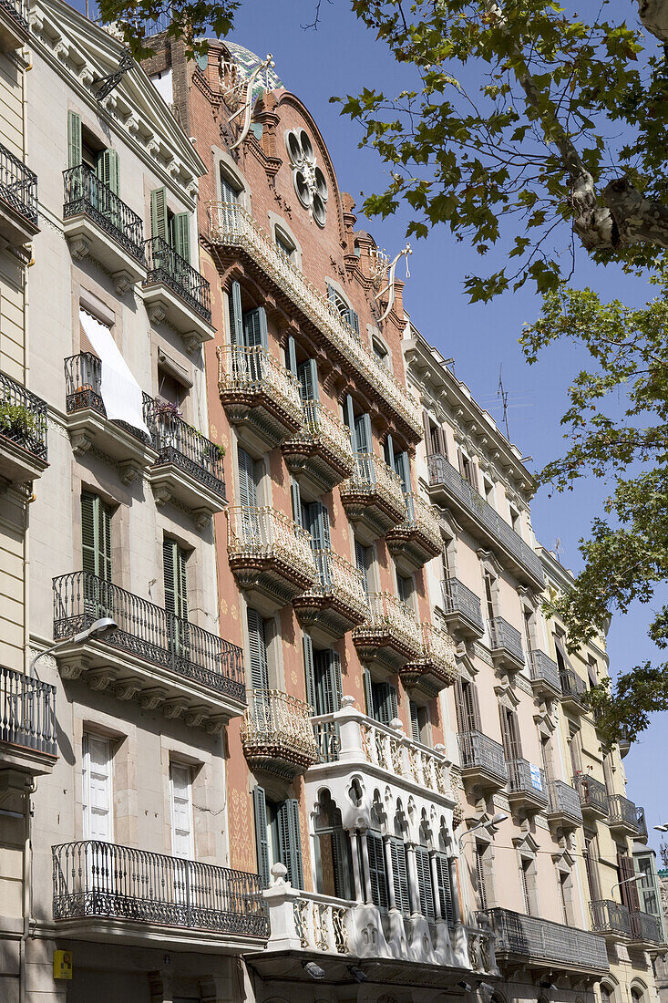 Häuserfassaden im Barri Gracia, Barcelona, Katalonien, Spanien