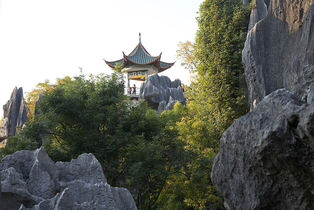 Pavillion above large stone forest, karst formations, Shilin, Yunnan, People's Republic of China, Asia