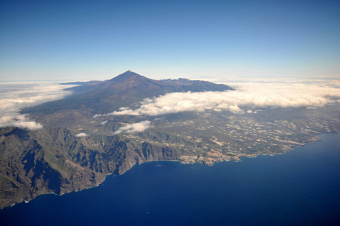 Aerial view of west coast and Teide, Tenerife, Canary Isles, Spain, Europe