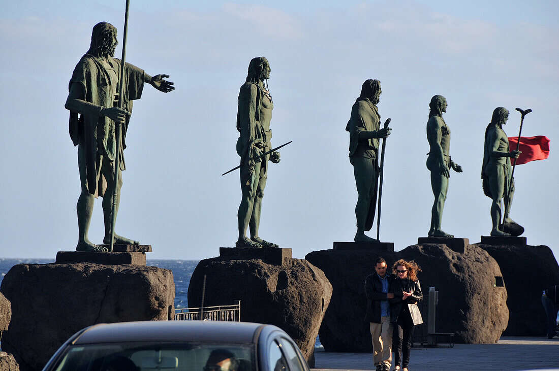 Sculptures of the Guanches at the roadside, Candelaria, Tenerife, Canary Isles, Spain, Europe