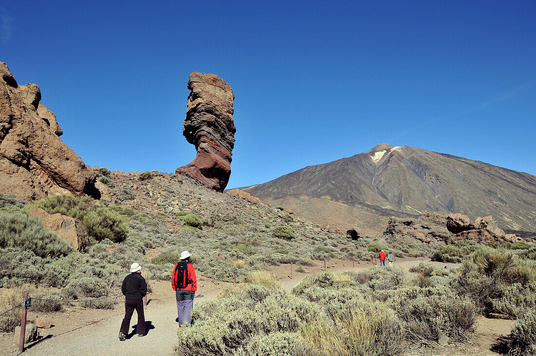 Teide with Los Roques in Las Canadas, hikers at Parque National del Teide, Tenerife, Canary Isles, Spain, Europe
