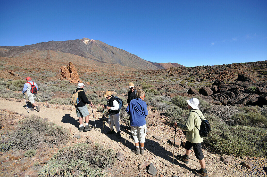 Teide mit Los Roques in Las Canadas, Wanderer im Parque National del Teide, Teneriffa, Kanarische Inseln, Spanien, Europa