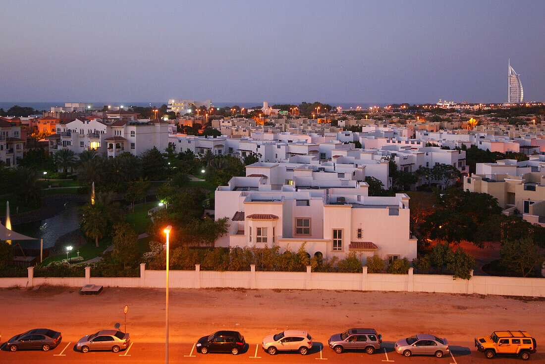 Residential area in the evening, Burj al Arab in the background, Dubai, UAE, United Arab Emirates, Middle East, Asia