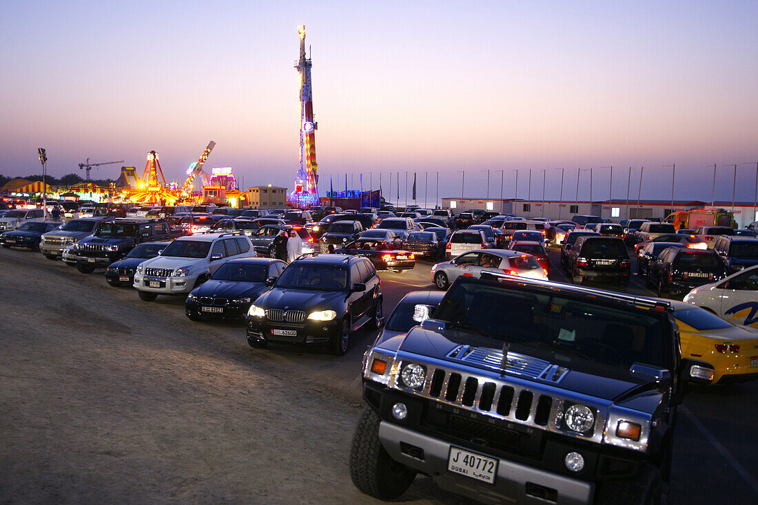 Cars on a car park in the evening, Dubai, UAE, United Arab Emirates, Middle East, Asia