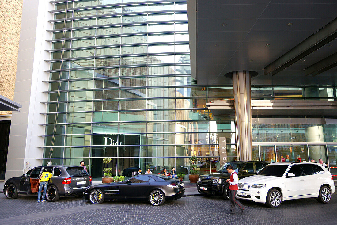 Luxury cars in front of Dubai Mall, Dubai, UAE, United Arab Emirates, Middle East, Asia