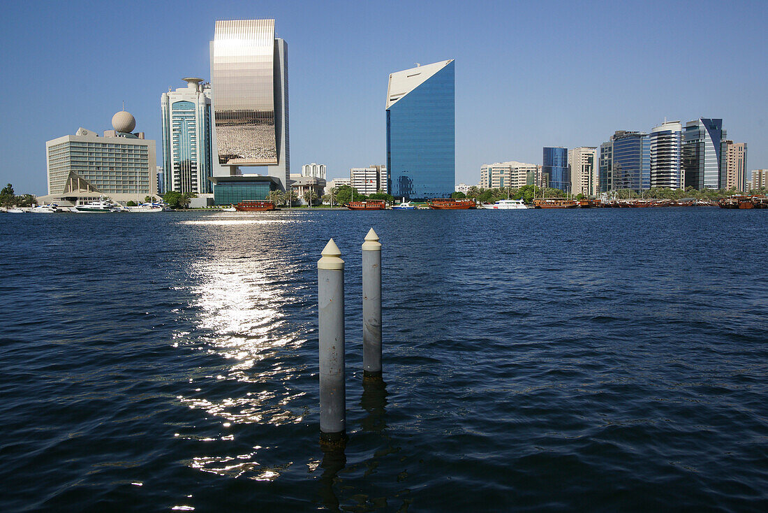 Modern buildings and Dubai Creek in the sunlight, Dubai, UAE, United Arab Emirates, Middle East, Asia