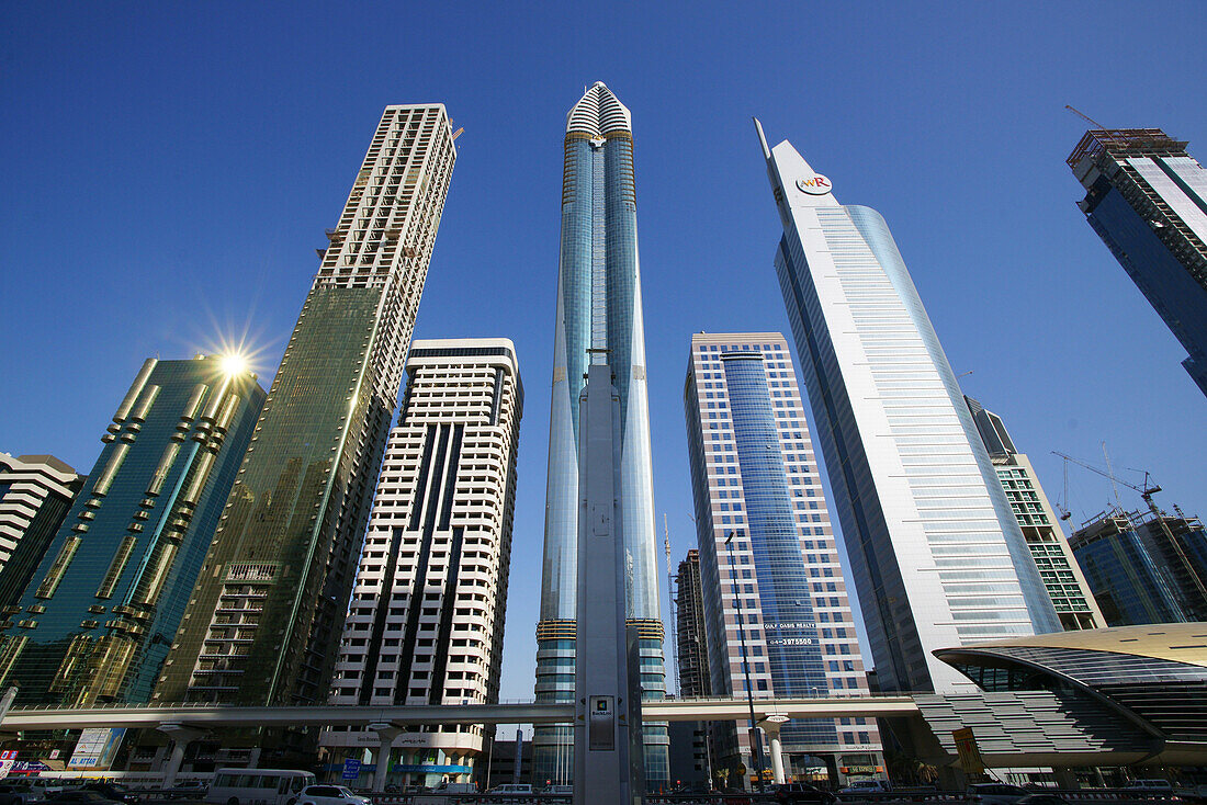 HIgh rise buildings and Rose Tower at Sheikh Zayed Road, Dubai, UAE, United Arab Emirates, Middle East, Asia