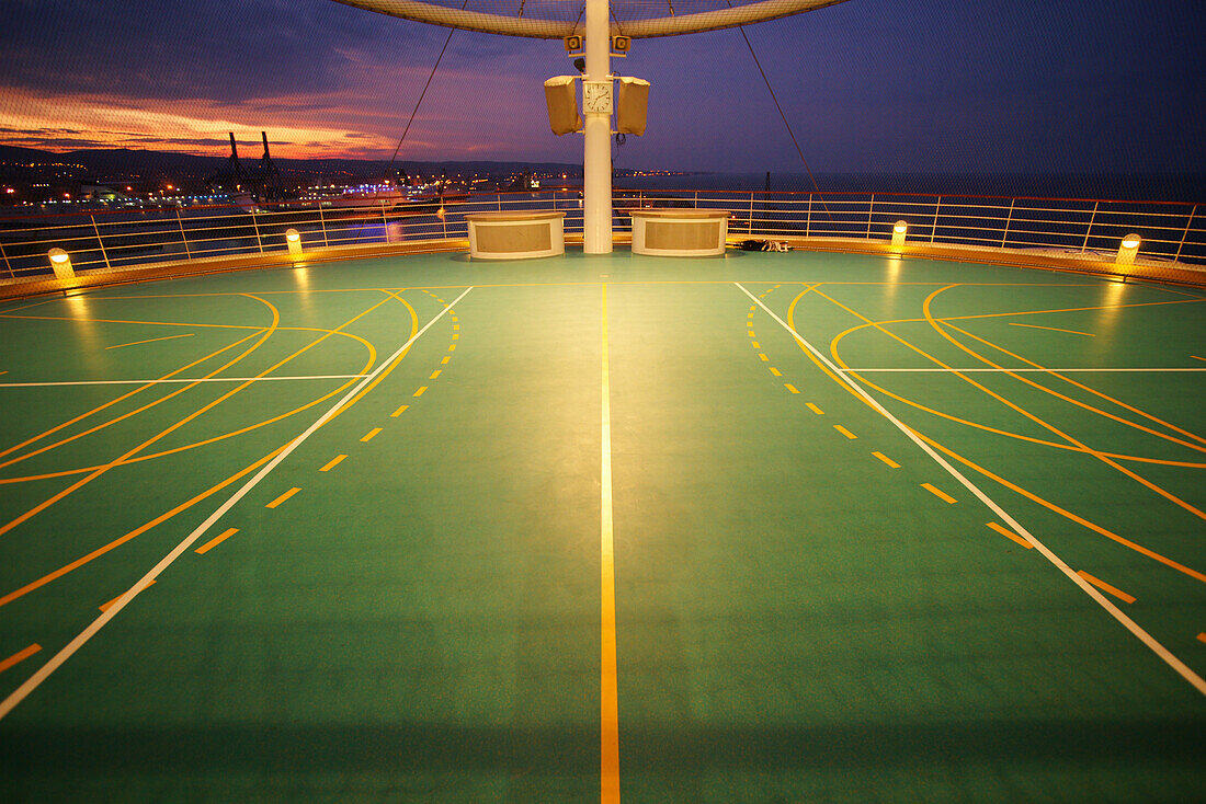 Illuminated playing field on cruise ship AIDA Bella, Mediterranean Sea