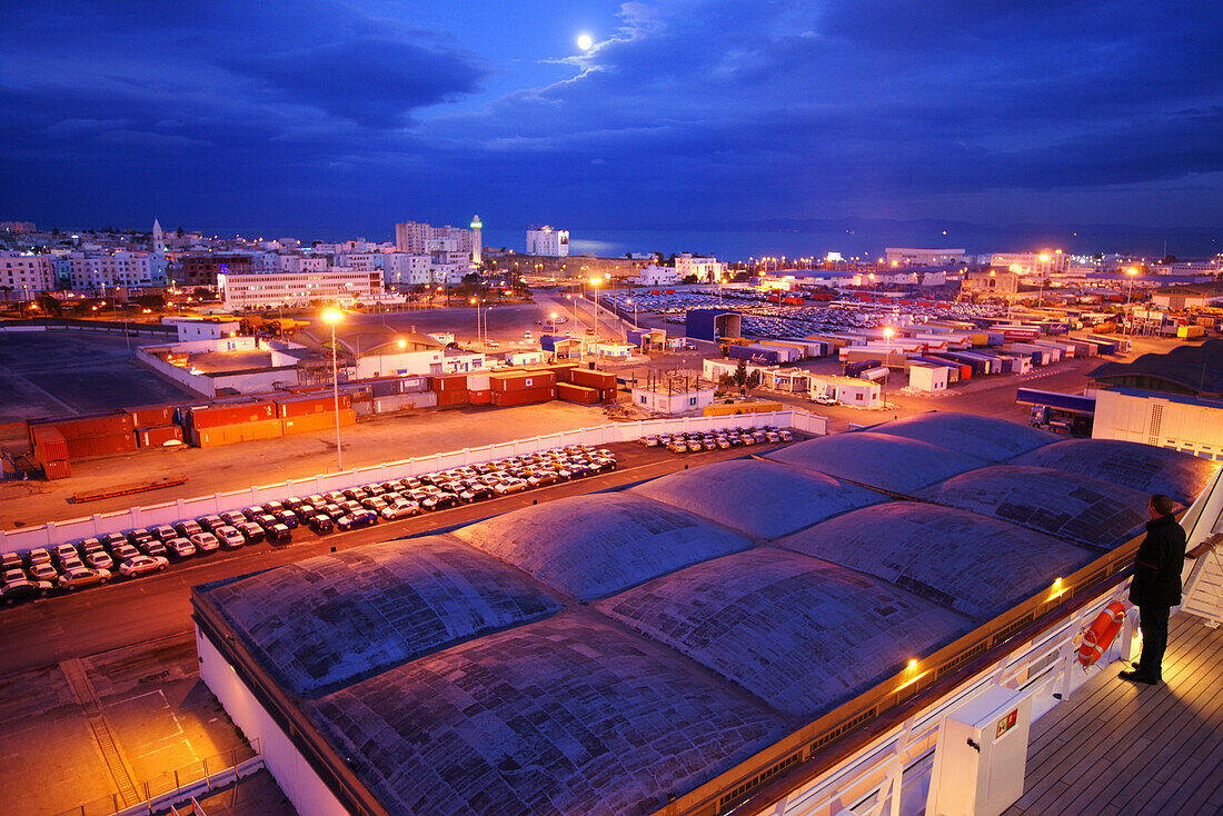 AIDA Bella Cruiser in the port of La Goulette in the evening, Tunisia, Africa