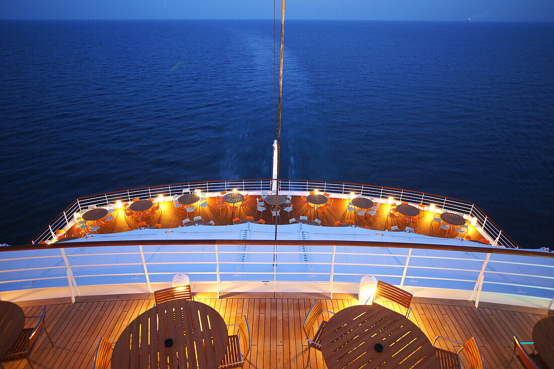 Stern of AIDA Bella cruiser in the evening, Mediterranean Sea