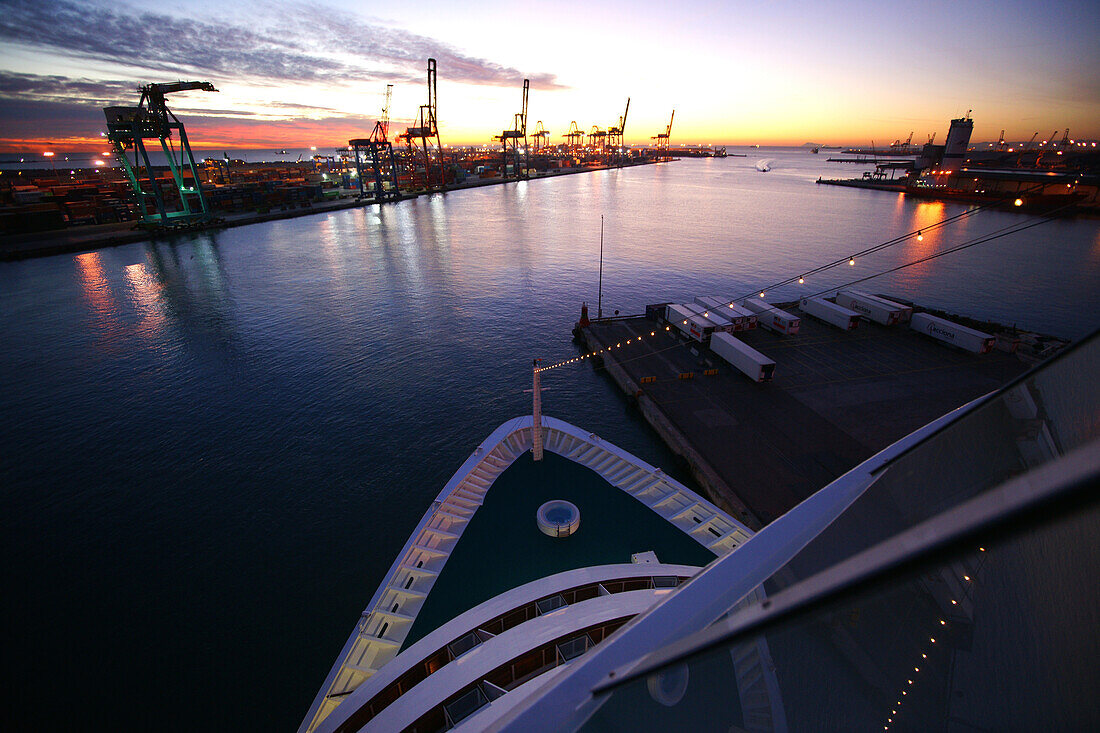 AIDA Cruiser at the port in the evening, Valencia, Spain, Europe