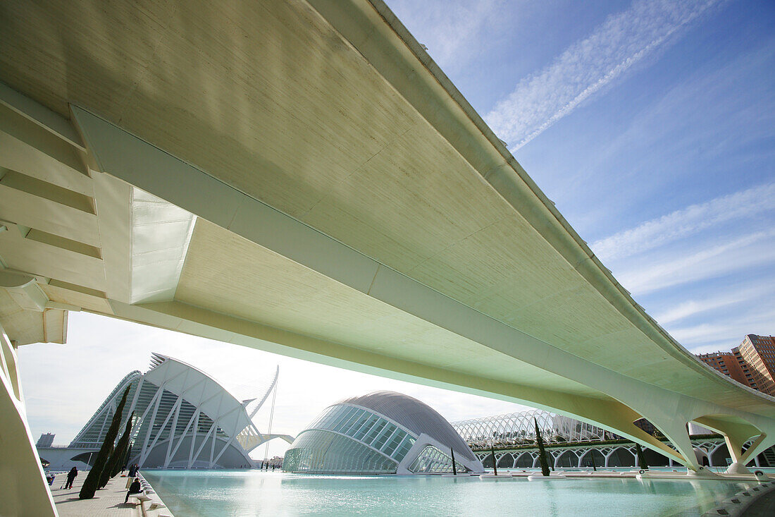 Brücke und Gebäude in der Ciudad de las Artes y las Ciencias, Stadt der Künste und der Wissenschaften, entworfen von Santiago Calatrava, Valencia, Spain, Europa