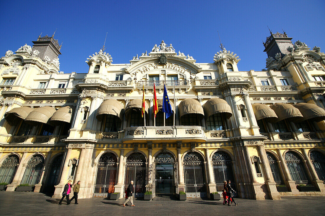 People in front of the building of port de Barcelona, Port Vell, Spain, Europe