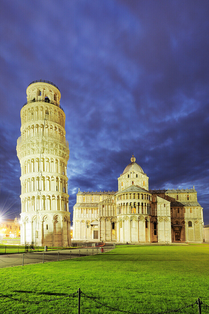 Illuminated Leaning Tower of Pisa and cathedral, Pisa, UNESCO world heritage site, Tuscany, Italy