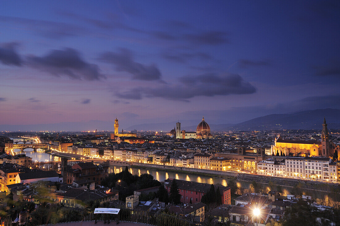 Illuminated city of Florence with Ponte Vecchio, Palazzo Vecchio, cathedral Santa Maria del Fiore and San Croce, Florence, UNESCO world heritage site, Tuscany, Italy