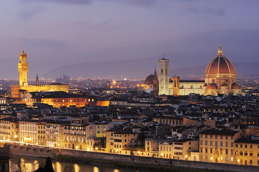 Illuminated city of Florence with Palazzo Vecchio and cathedral Santa Maria del Fiore, Florence, UNESCO world heritage site, Tuscany, Italy