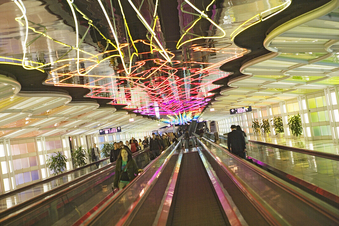 Light sculptures and moving walkway at O'Hare International Airport, Chicago, Illinois, USA