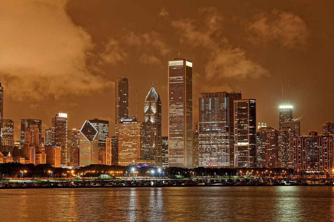 Lake Michigan and Chicago skyline seen from Adler Planetarium, Chicago, Illinois, USA