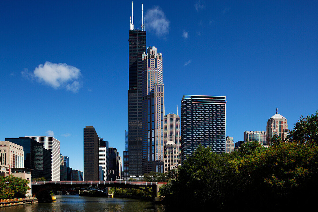 Chicago River und Willis Tower (früher Sears Tower), Chicago, Illinois, USA