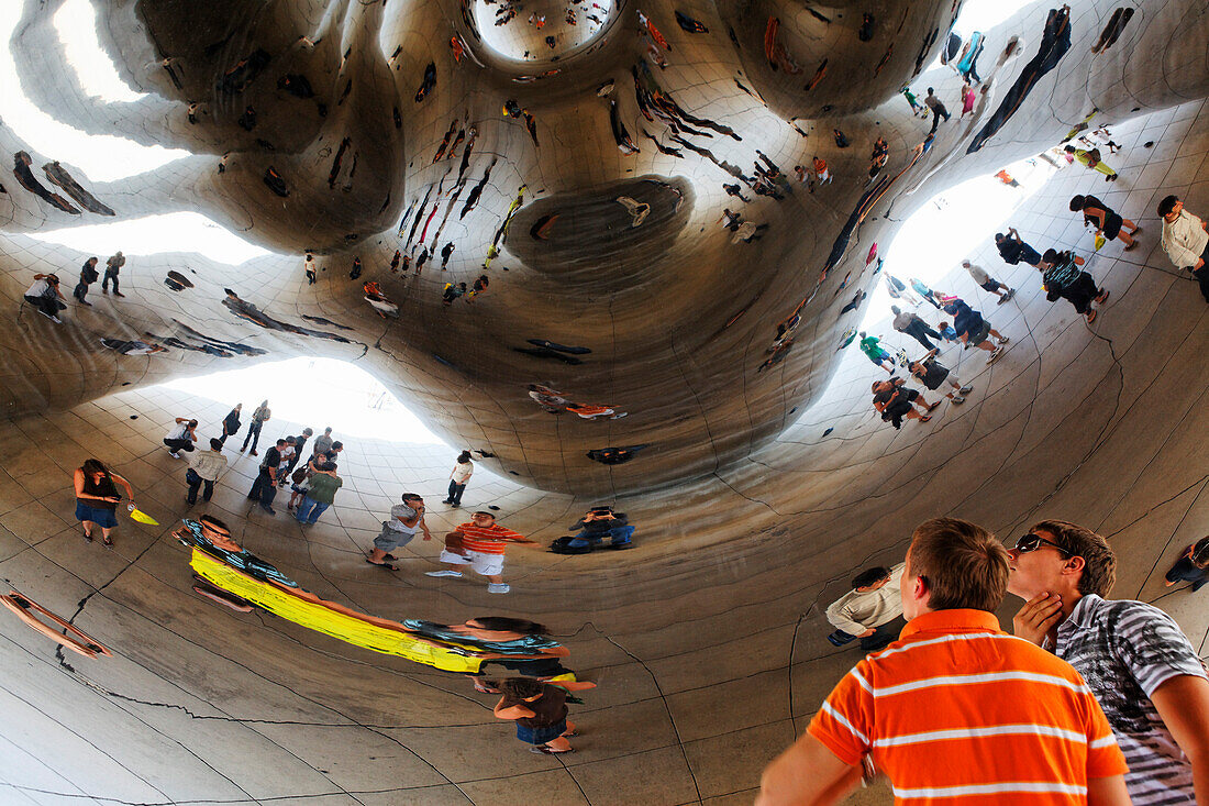 Reflexions in Cloud Gate by British artist Anish Kapoor, Chicago, Illinois, USA