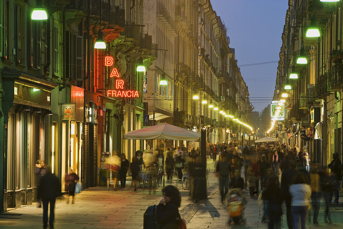 Urban scene with pedestrian area, Via Guiseppe Garibaldi, Turin, Piedmont, Italy