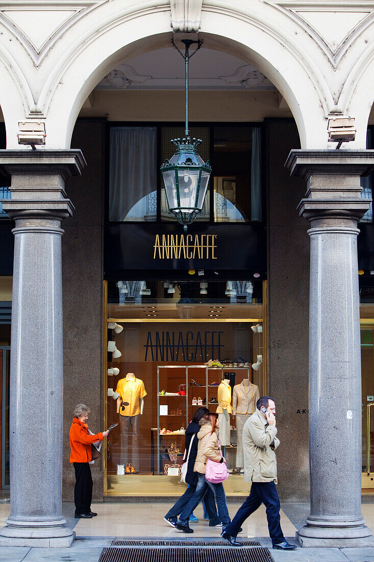 Arcade with Cafe Anna, Shopping in Via Roma, Piedmont, Italy