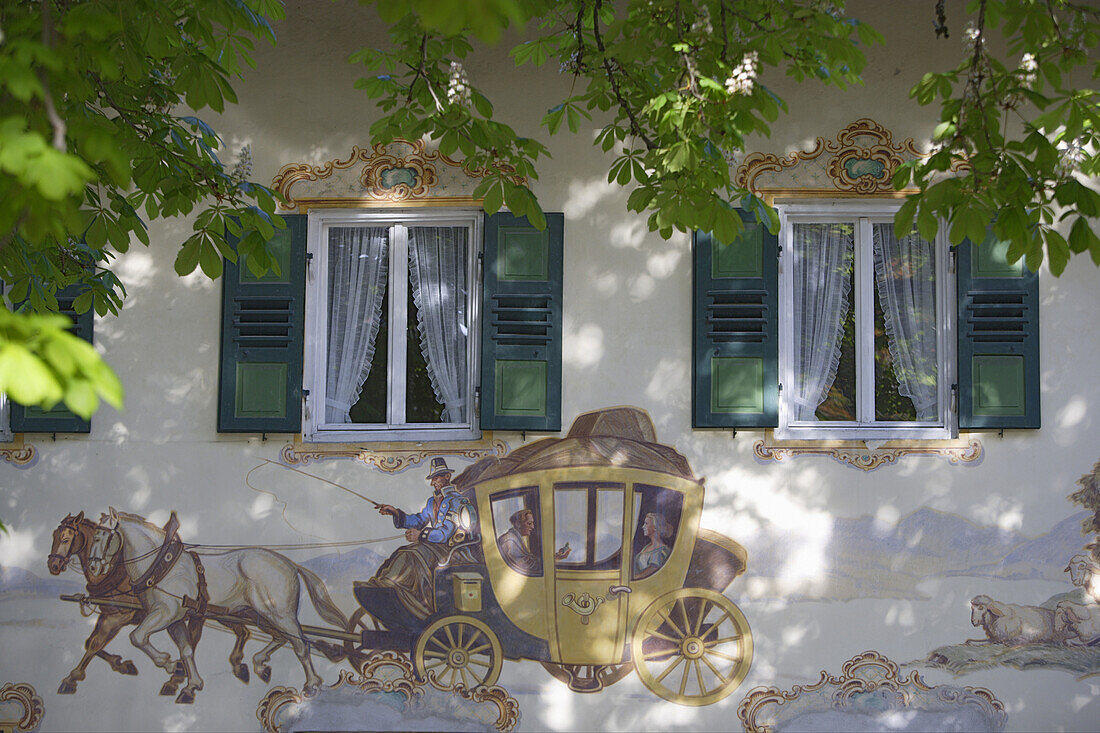 Traditional wall painting, restaurant Gasthaus zur Post, Jachenau, Upper Bavaria, Bavaria, Germany
