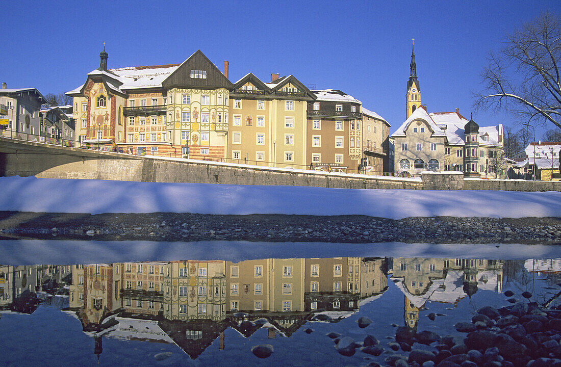 View over river Isar to Old Town in winter, Bad Toelz, Upper Bavaria, Bavaria, Germany