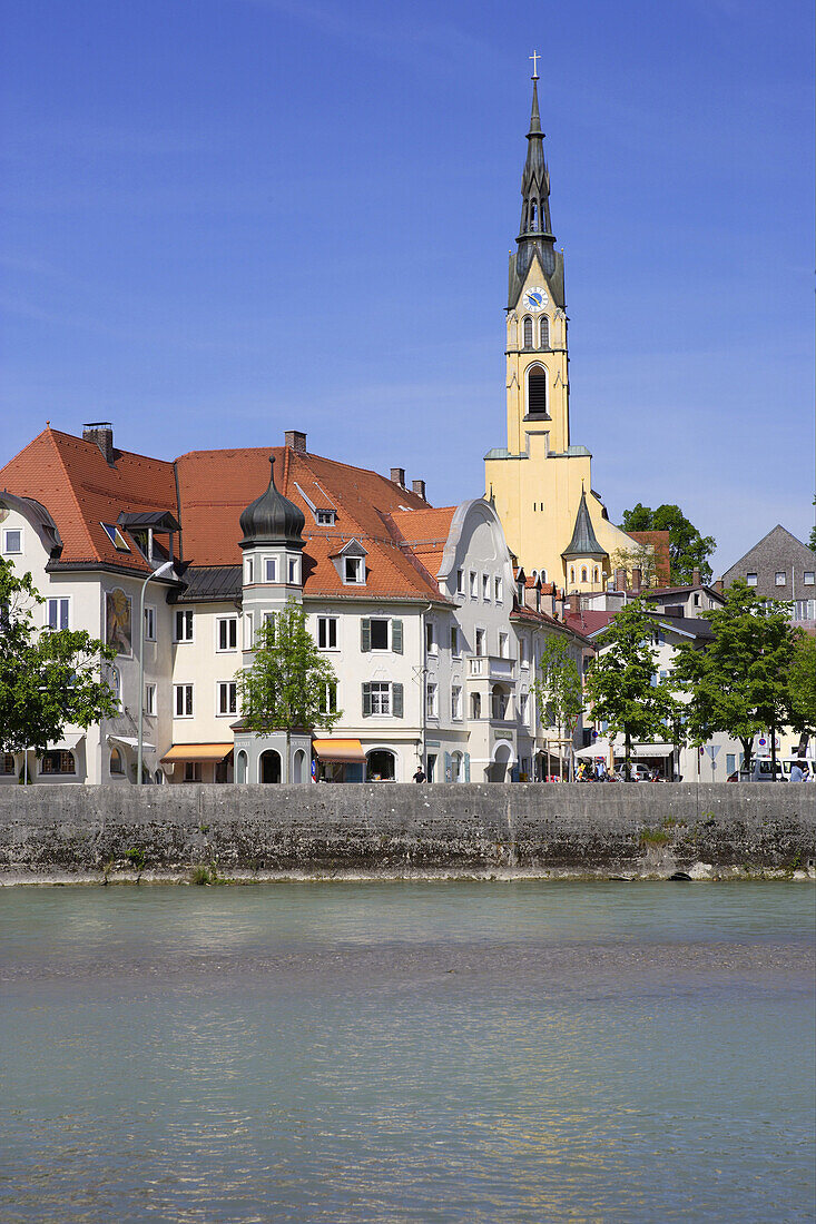 View over river Isar to Old Town, Bad Toelz, Upper Bavaria, Bavaria, Germany