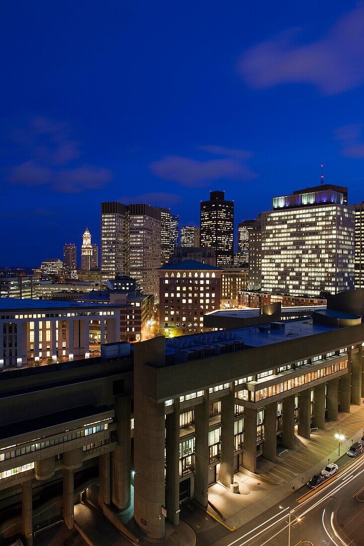 USA, Massachusetts, Boston, Financial District view from Longfellow Place, evening